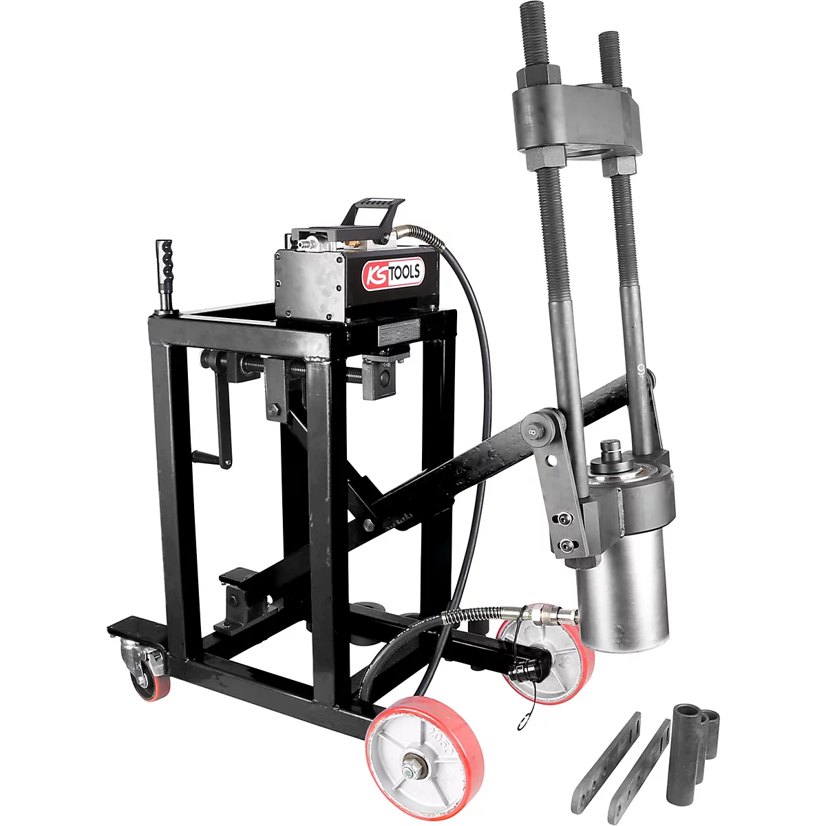 Werkzeug zum Ausdrücken von Buchsen. Schwarze Stahlkonstruktion auf Rädern, Hydraulikzylinder. Das Logo von KS Tools ist sichtbar.